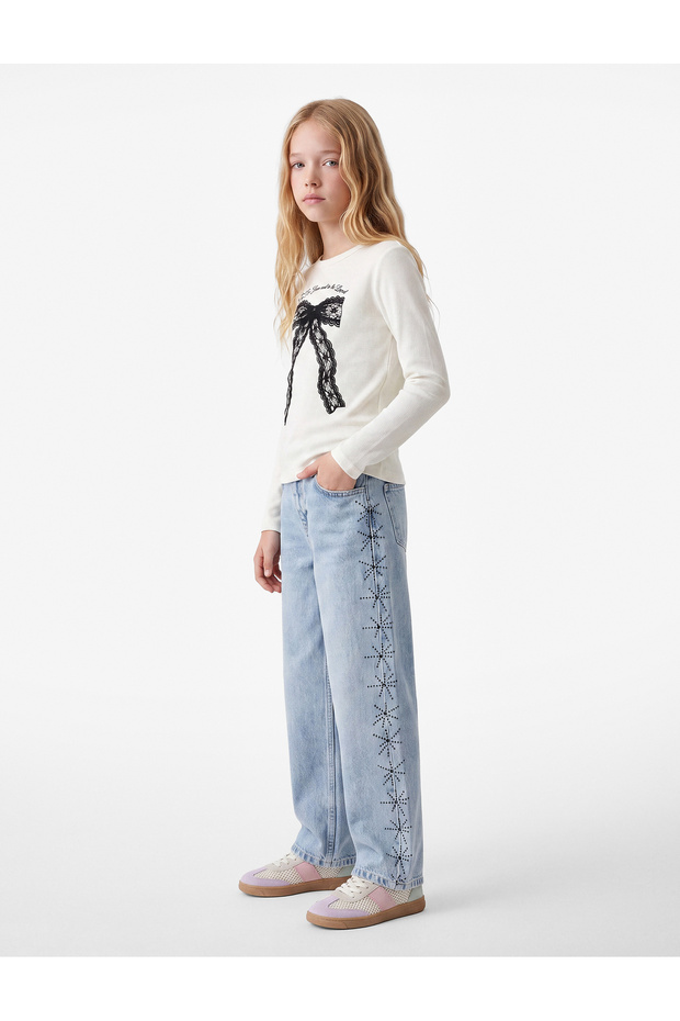 Cotton Long Sleeve Crew Neck Bow Printed T-Shirt