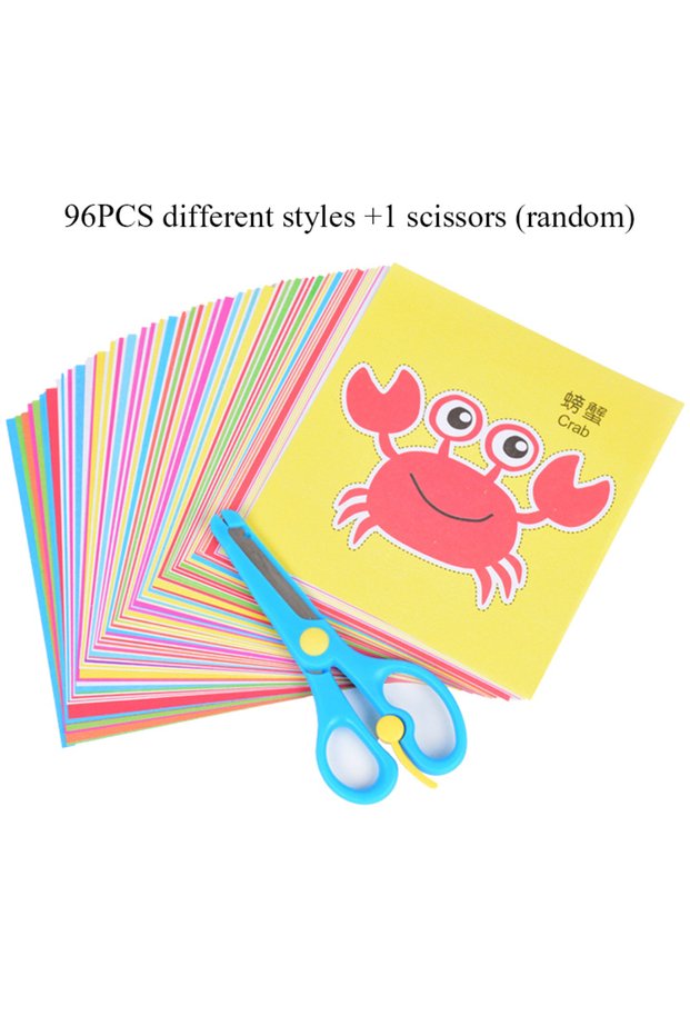 D--with 1 scissors 96 Pcs Children Cartoon DIY Colorful Paper Cutting Folding Toys Kids Craft Animal
