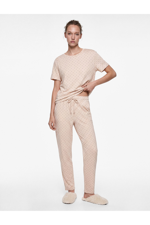 Comfortable Fit Crew Neck Short Sleeve Polka Dot Pajama Top