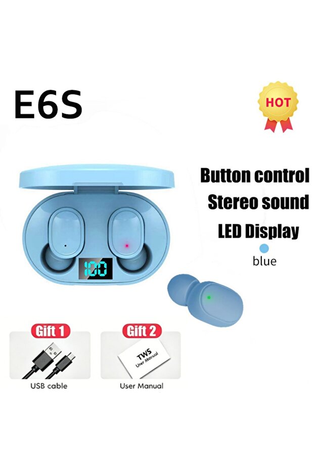 Blue Digital Display Bluetooth Earphones with Mic TWS E6S Wireless Bluetooth Headset Noise Cancellin
