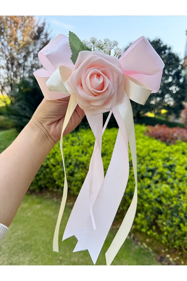 Pink Elegant White Rose Satin Bow Car Mirror Decor, Artificial Flower Wedding Car Decoration for Bri