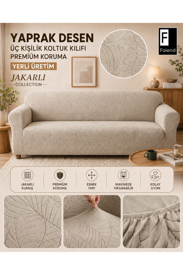 Jacquard Leaf Pattern Elasticated 3-Seater Sofa Cover Non-Slip Stretchy and Washable Sofa Cover