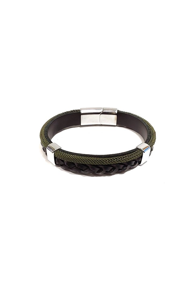 Round Braided Hair Black Green Leather Unisex Bracelet – Hand Knitted Look, One Size
