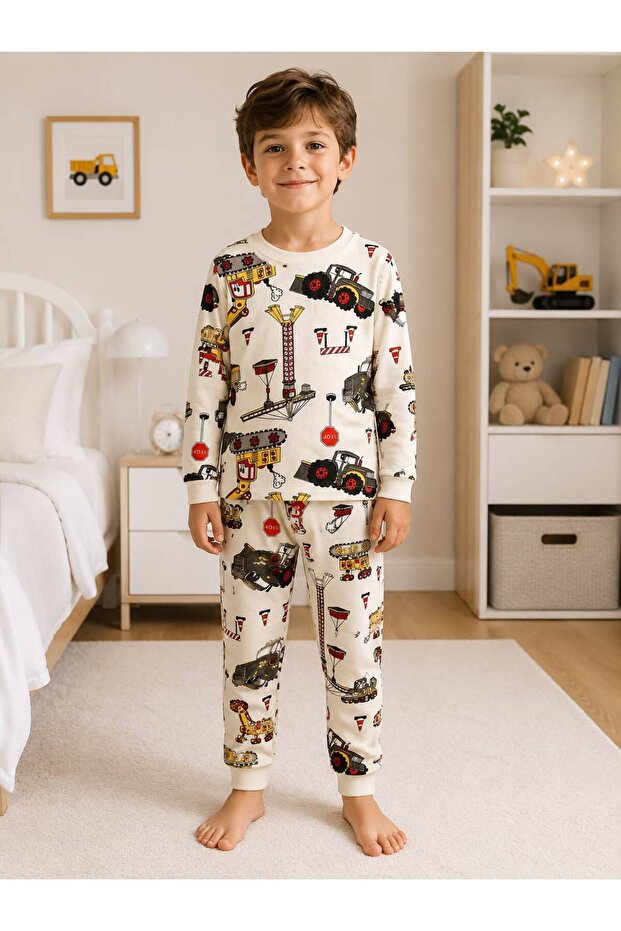 Boy's Cotton Fabric Beige Construction Machinery Bucket Crane Patterned Long Sleeve Seasonal Pajama Set