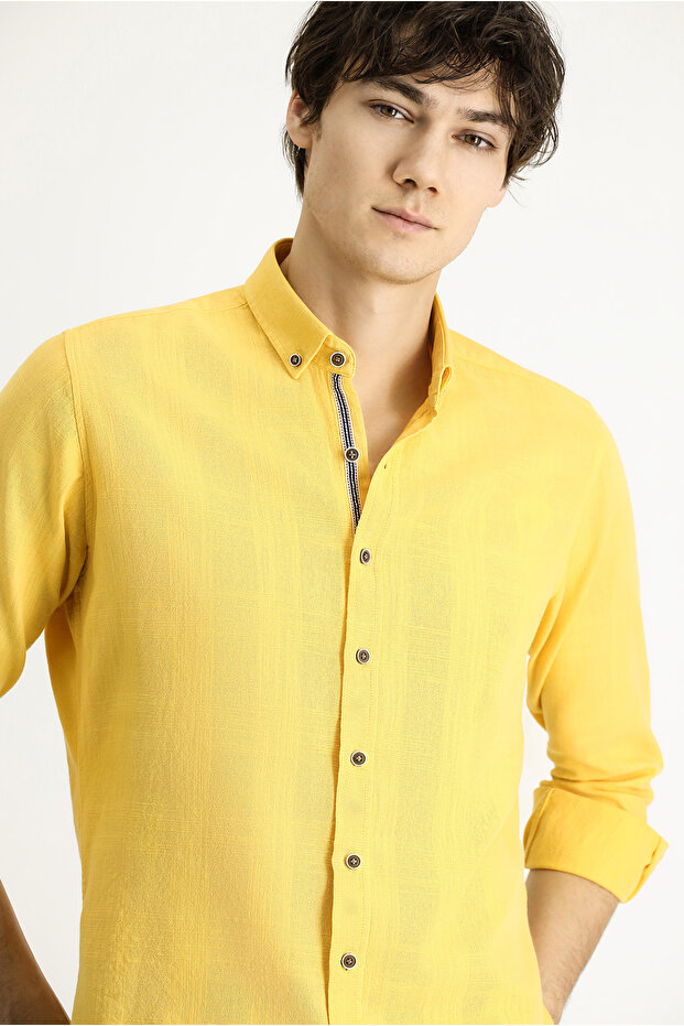 Long Sleeve Slim Fit Slim Fit Patterned Sports Cotton Button Collar Shirt