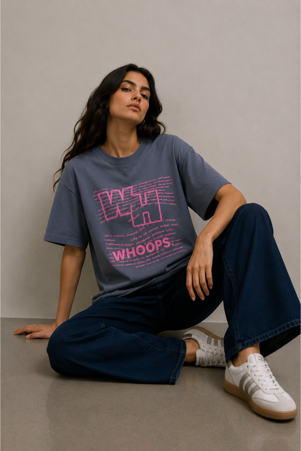 Women's Anthracite Oversize Whoops Printed Lycra Crew Neck T-Shirt (95% Cotton)