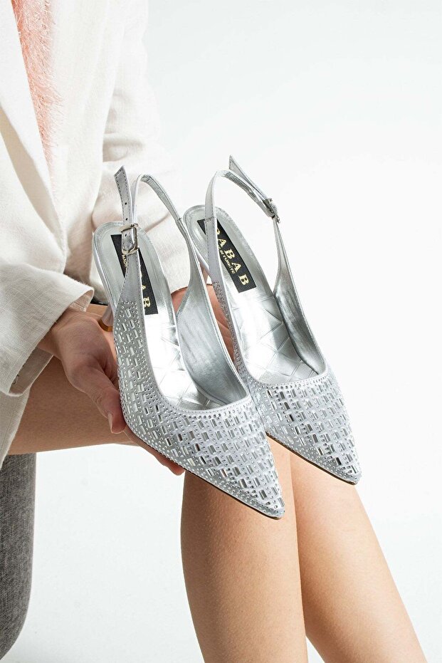 Meria Women's Silver 7 cm Pointed Toe Crystal Stone Embroidered Slingback Heels