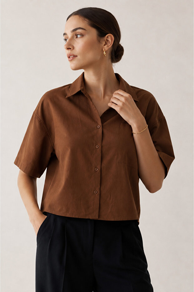 Women's Brown Short Sleeve Basic Cool Linen Shirt (100% Linen)