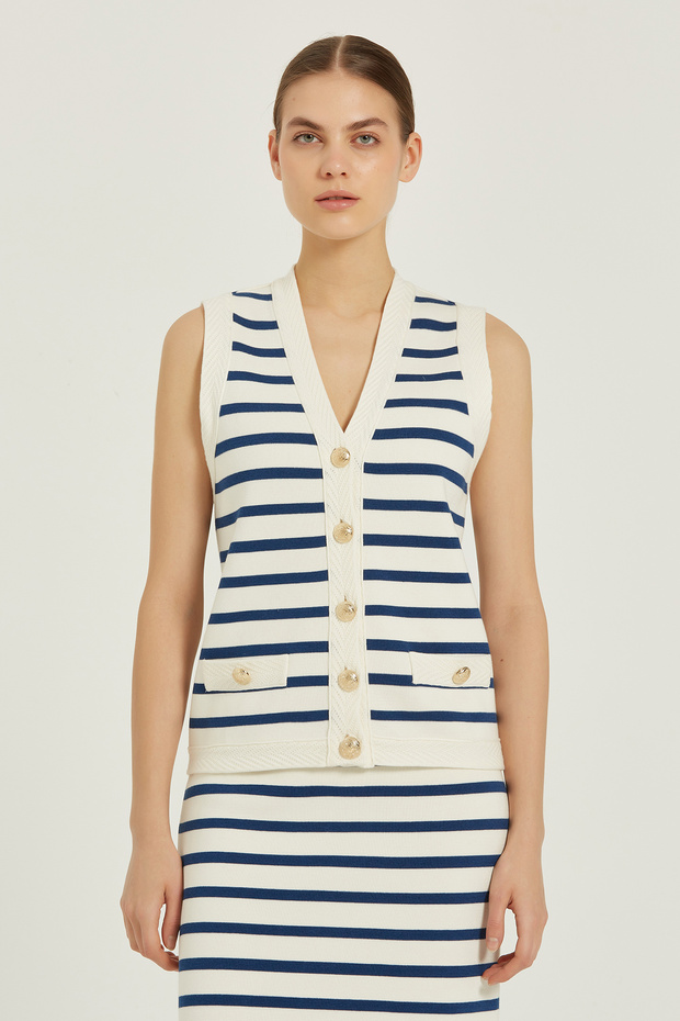 Ecru Navy Blue Striped Gold Buttoned Women's Vest