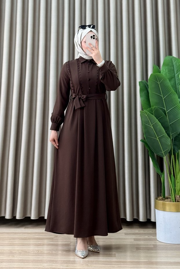 Duygu Dress Imported Crepe Fabric Women's Brown Collar Openable Buttoned Dress with Lace Detail and Removable Belt