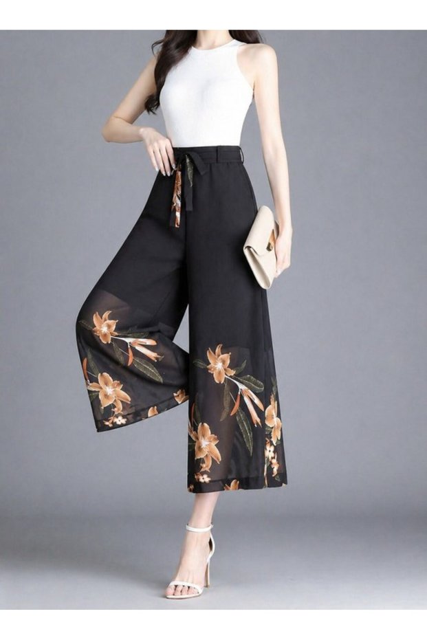 Women's High Waist Belted Detailed Floral Lined Chiffon Trousers
