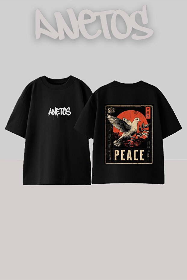 تي شيرت قطني أسود كبير الحجم بتصميم Peace Dove مطبوع على الظهر