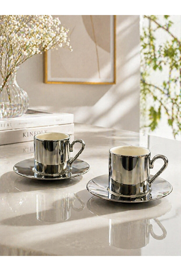 2-Piece Porcelain Plated Gilded Coffee Cup Set 90ml