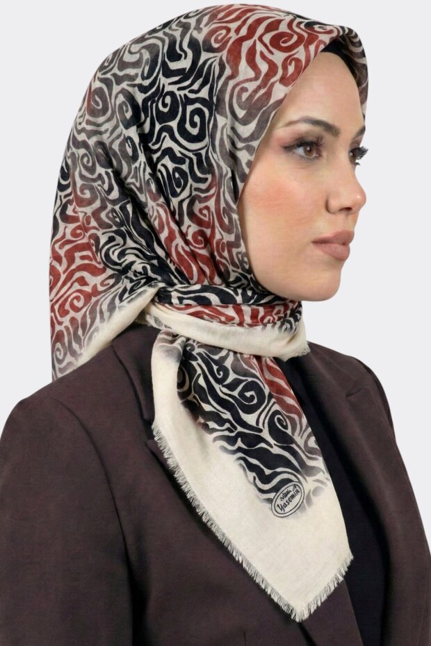 Women's Ecru Red Patterned Flared Scarf