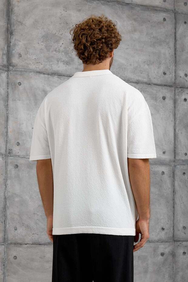 Men's T-Shirt Dp Collar Button Polo White Oversize Knitwear Fabric - 4