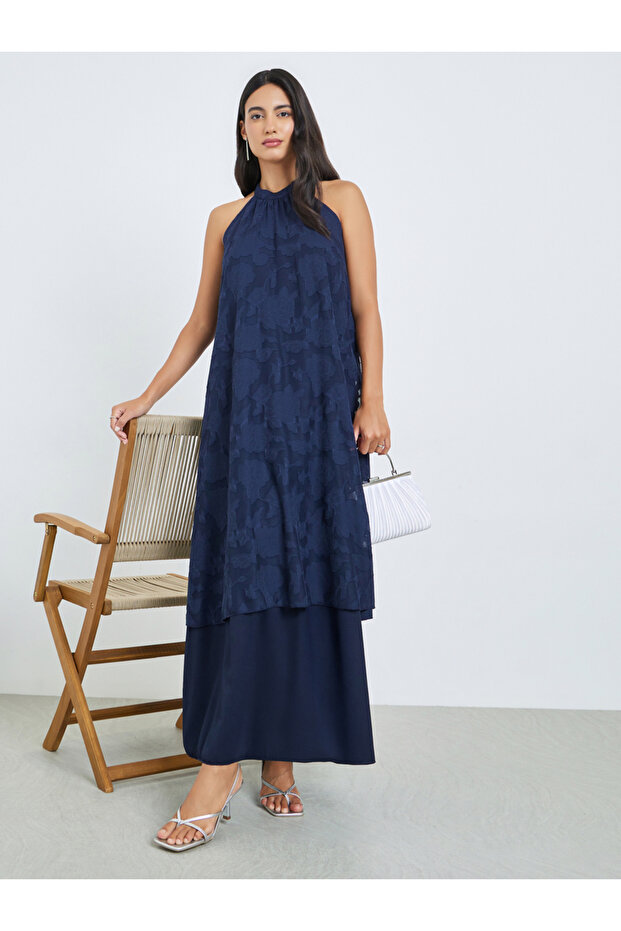 Navy Blue Burnout Layered A-Line Maxi Dress with Halter Neck