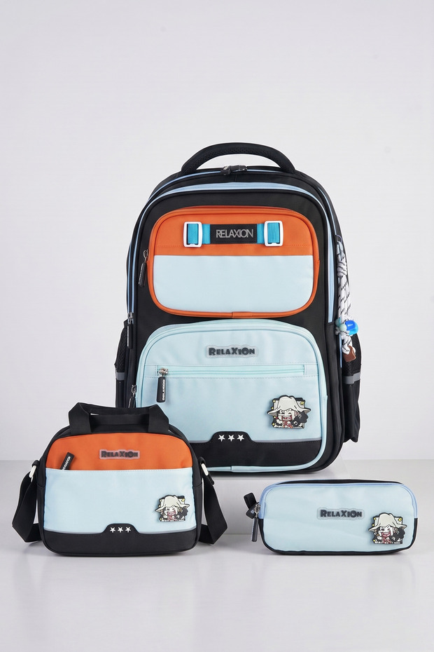 Relaxion 1814 Boy's Primary School School Bag Set of 3 with Lunch Box and Pen Holder Orthopedic Waterproof Blue Backpack
