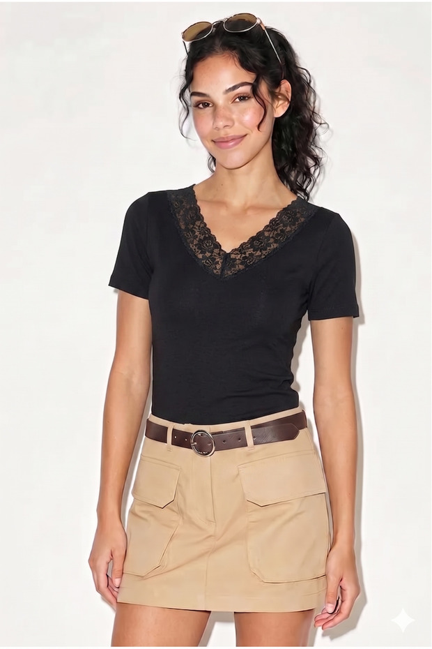 Lace Detailed V-Neck T-Shirt Blouse