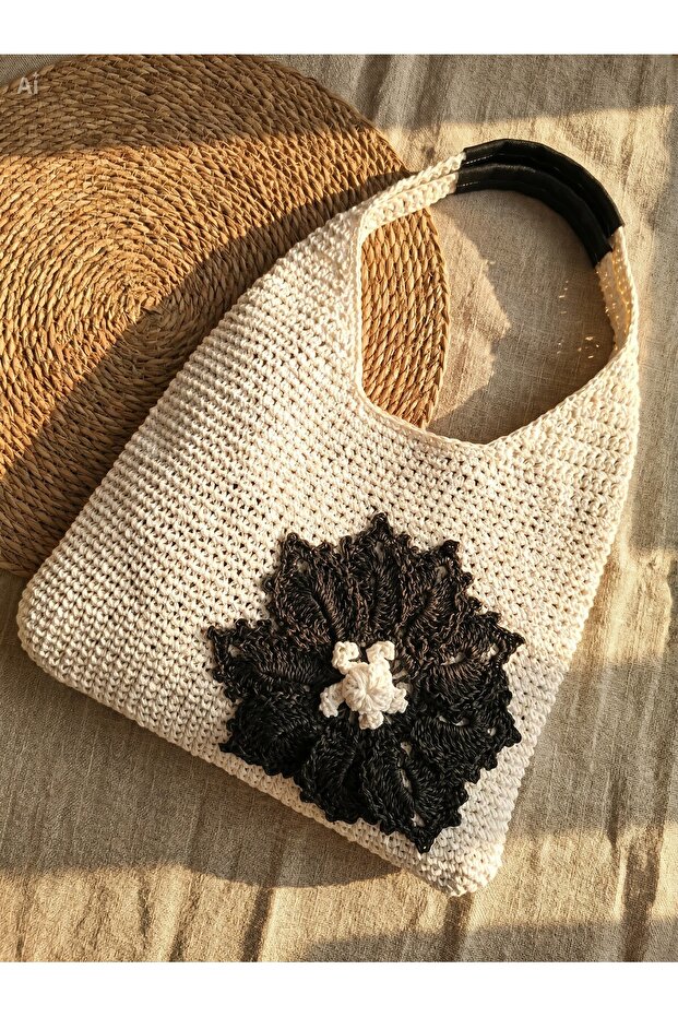 Women's Black Floral Embroidered Zippered Shoulder Bag on Ecru Background - with Internal Compartment (30X40 cm)
