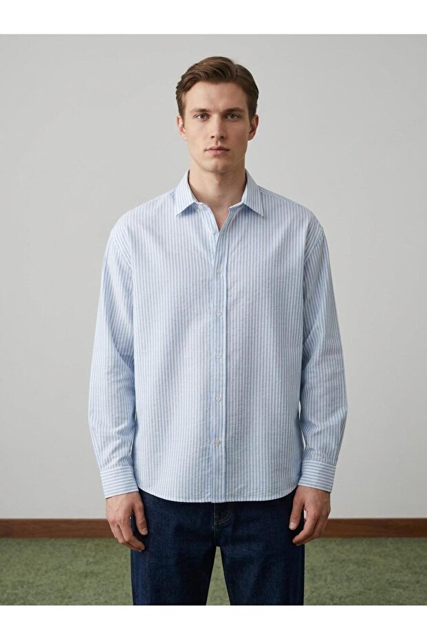 Comfortable Fit Seersucker Textured Striped Cotton Men's Shirt Blue 5037Dngr