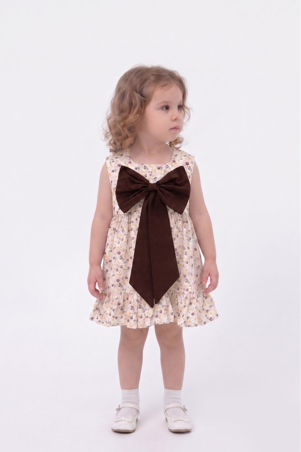 Floral Zero Sleeve Brown Bow Cotton Casual Stylish Girls Dress