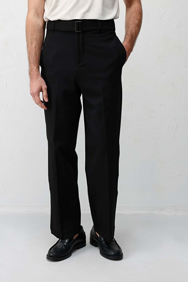 Black Relaxed Fit Belted Men's Trousers