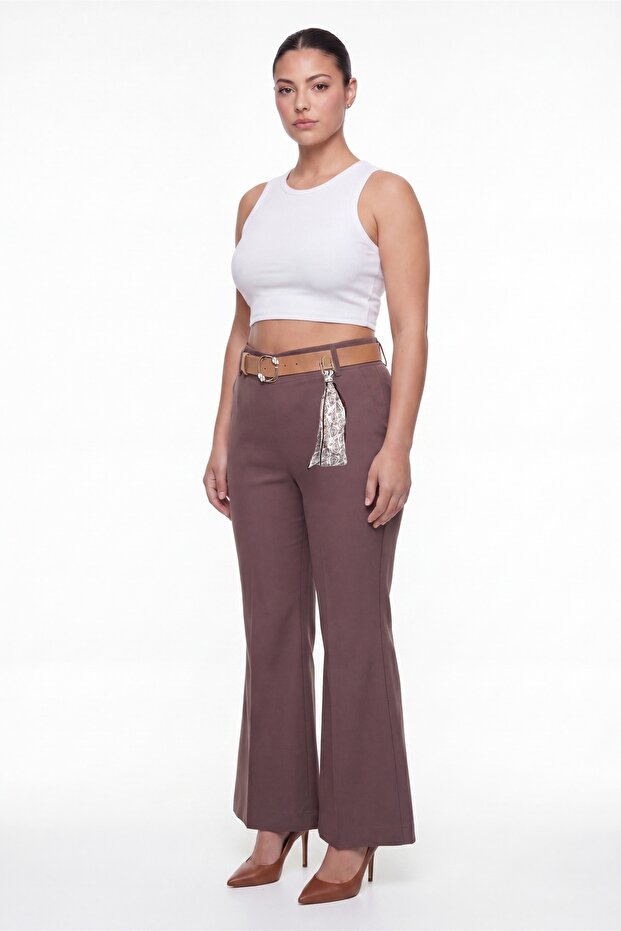 Women's Coffee Color High Waist Belted Spanish Flare Pants with Belt Detail