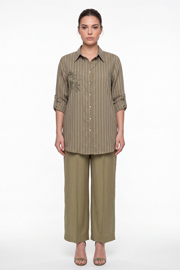 Women's Khaki Summer Striped Embroidery Detailed Top and Bottom Set