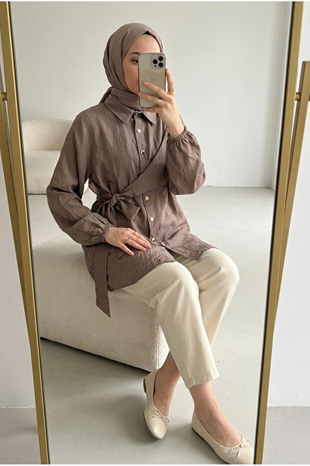 Women's Belted Side-Tie Buttoned Long Shirt