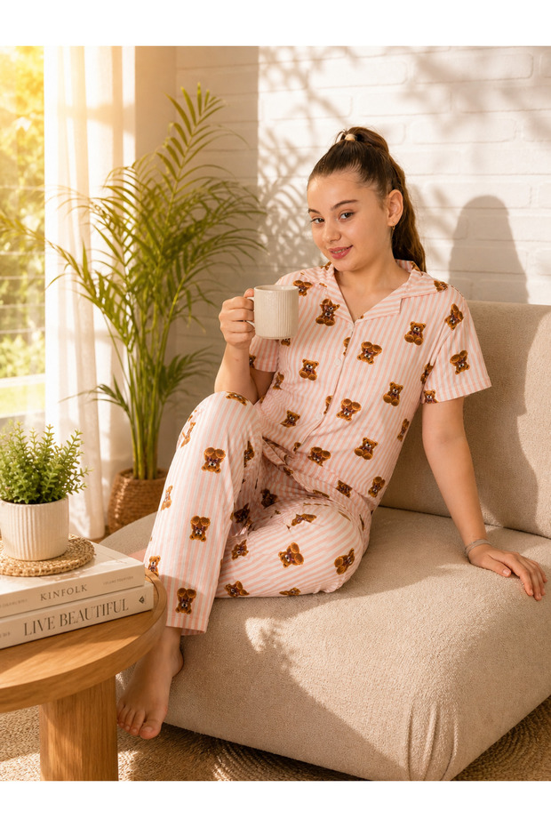 Girl's Pajama Set Summer Fabric Buttoned Front Teddy Bear Patterned Large Size