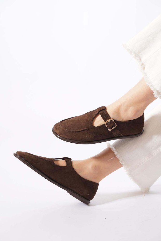 Kelames küt women's ballet flats with buckle detail and stitching - coffee suede