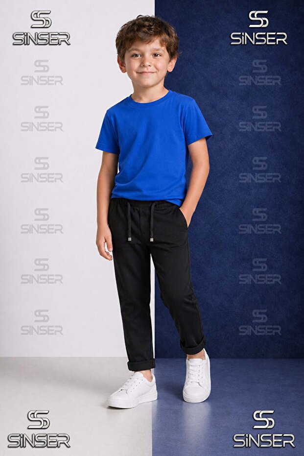 Boys' Plain Trousers with Elastic Waist Lycra Folded Cuffs Style 5.Mdl
