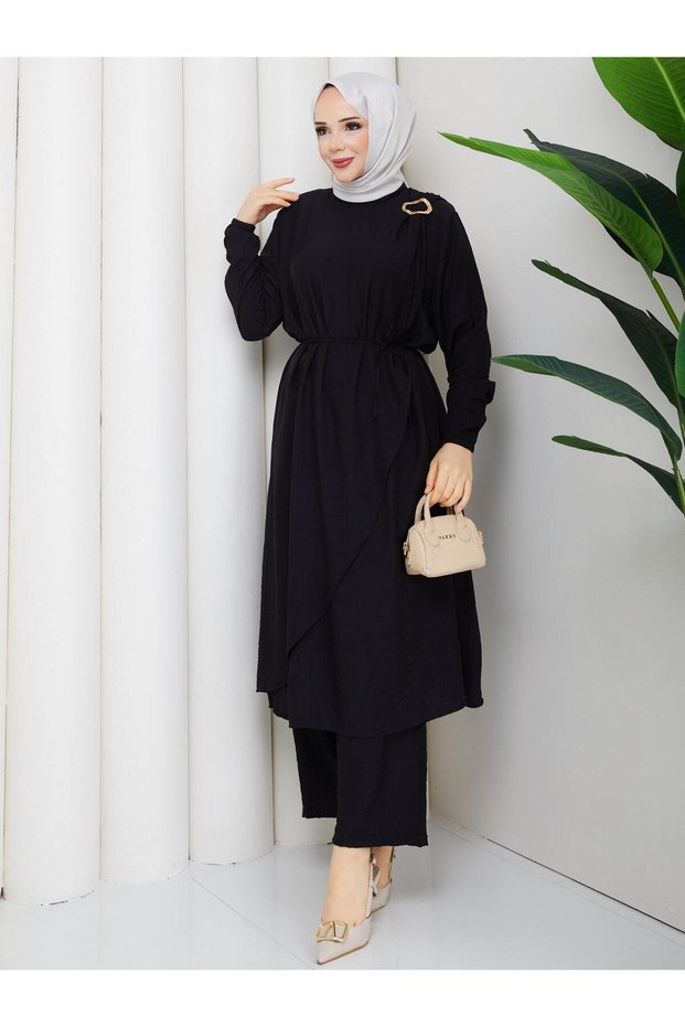 Double Set Stylish and Comfortable Combination Tunic Shoulder Front Detailed Trousers with Elastic Waistband Strawberry Fabric