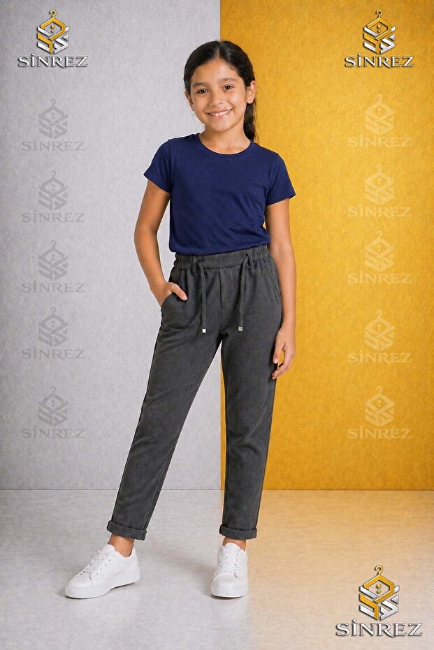 Girls' Plain Trousers 6.Mdl Elastic Waist Lycra Folded Hem Style