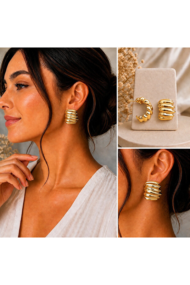 Gold Twisted Hoop Earrings Shiny Zarax Model Thick Form Modern Stylish Women's Daily Combination Earrings