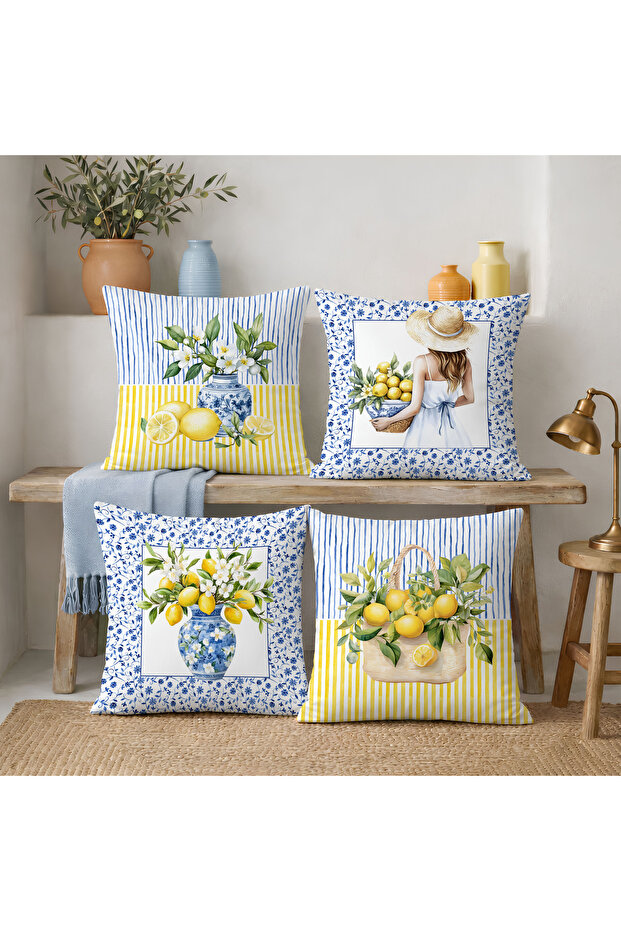 Set of 4 Suede Throw Pillow Covers with Lemon Pattern in Yellow Striped Vase 43X43 cm