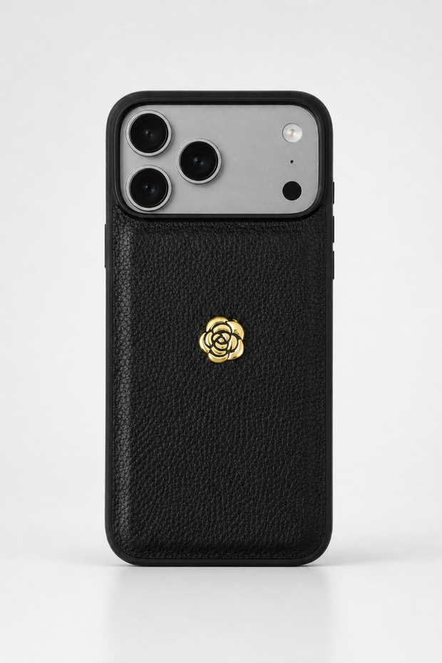 iPhone 17 Pro / 18 Pro Compatible Leather Textured Phone Case with Gold Rose Detail