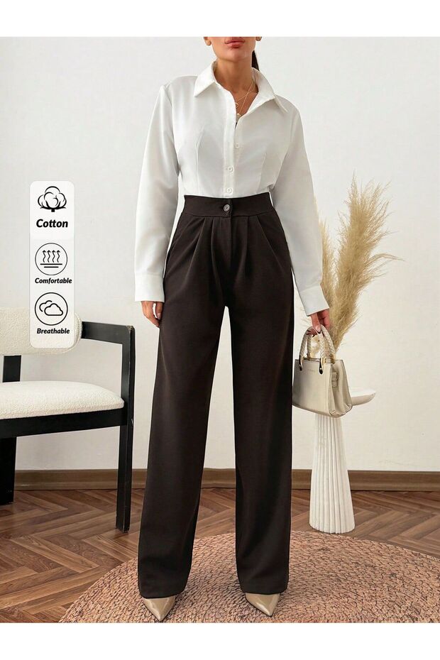 Women's Brown High-Waisted Pleated Palazzo Fabric Trousers - Seasonal Comfortable Fit