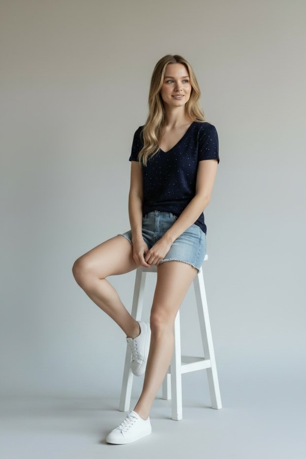 Women's Stone Embellished Stretchy Modal Fabric V-Neck Short Sleeve Navy Blue Blouse