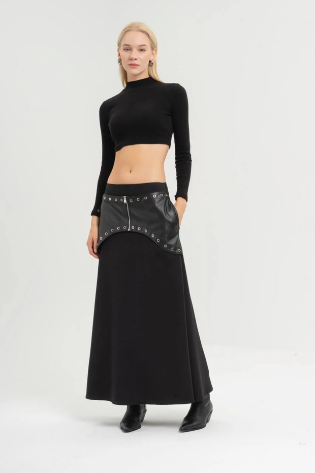 Tw3 Faux Leather Detailed Design Women's Long Skirt