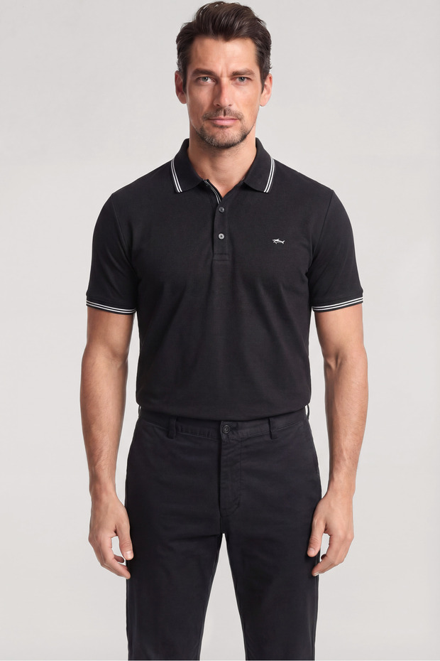 Men's Button Closure Short Sleeve 100% Cotton Black Polo Collar T-Shirt