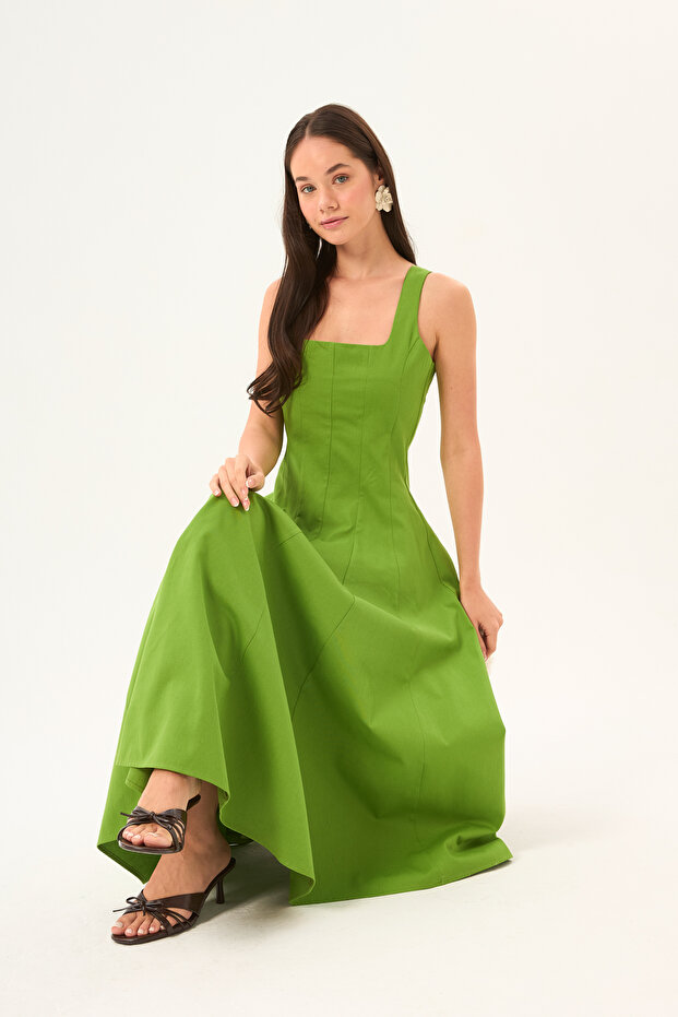 Green Strappy Square Neck A-Line Panel Detailed Cotton Midi Dress