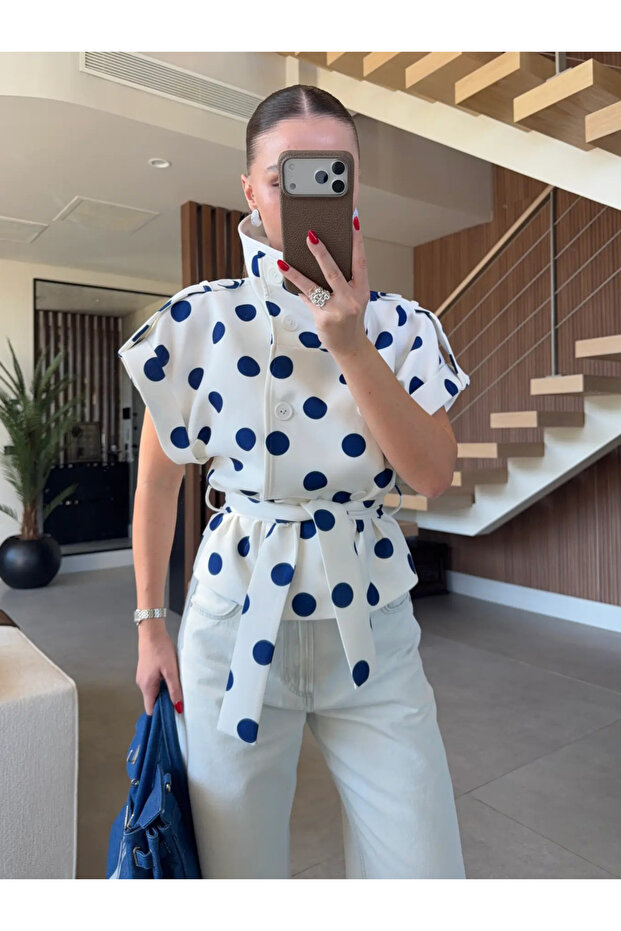 Ecru-Navy Blue Epaulettes, Button Detail, Belted Polka Dot Vest - 504364