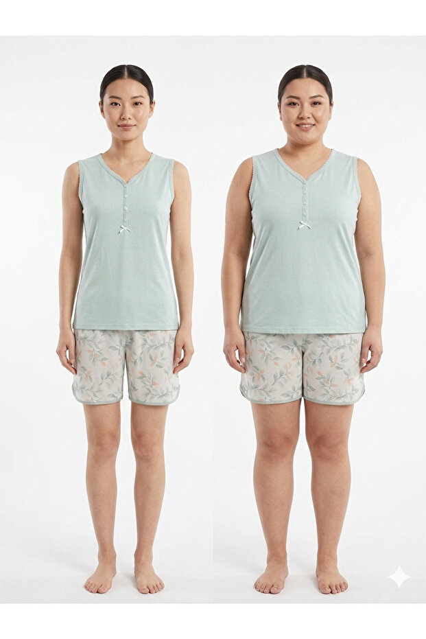 26527 100% Cotton Plus Size over the Knee Shorts Set Mother Shorts Set Buttoned Set