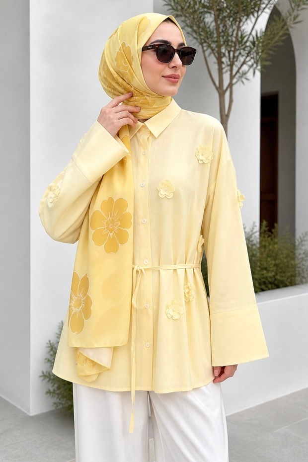 Yellow Laser Cut Floral Detailed Modal Woven Shirt