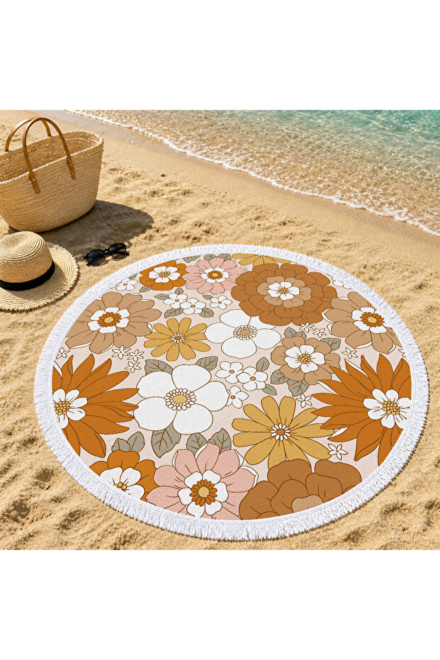 Retro Floral Pattern Boho Style 150 cm Round Beach Towel