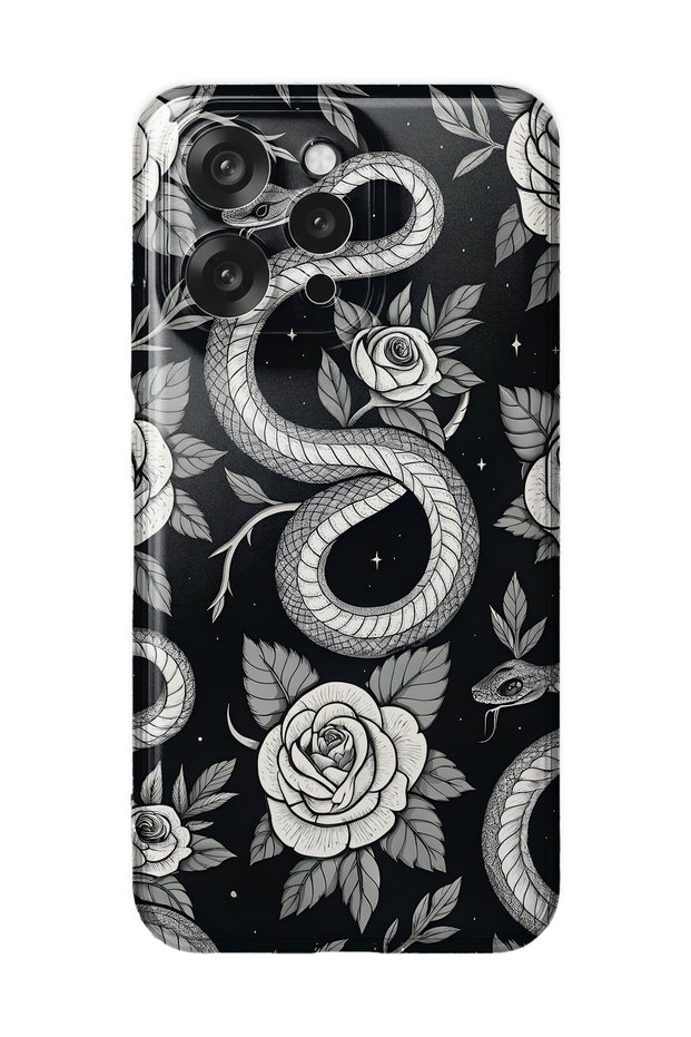Oppo Reno 15 / 15F Compatible Black Rose and Snake Pattern Transparent Phone Case
