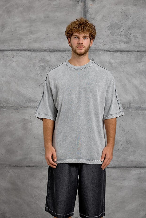 Men's T-Shirt Shoulder Detail Washed Gray Oversize Crew Neck Cotton