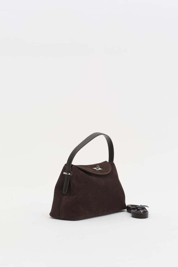 Cross Strap Suede Bag with Lock Accessory, Bitter Brown