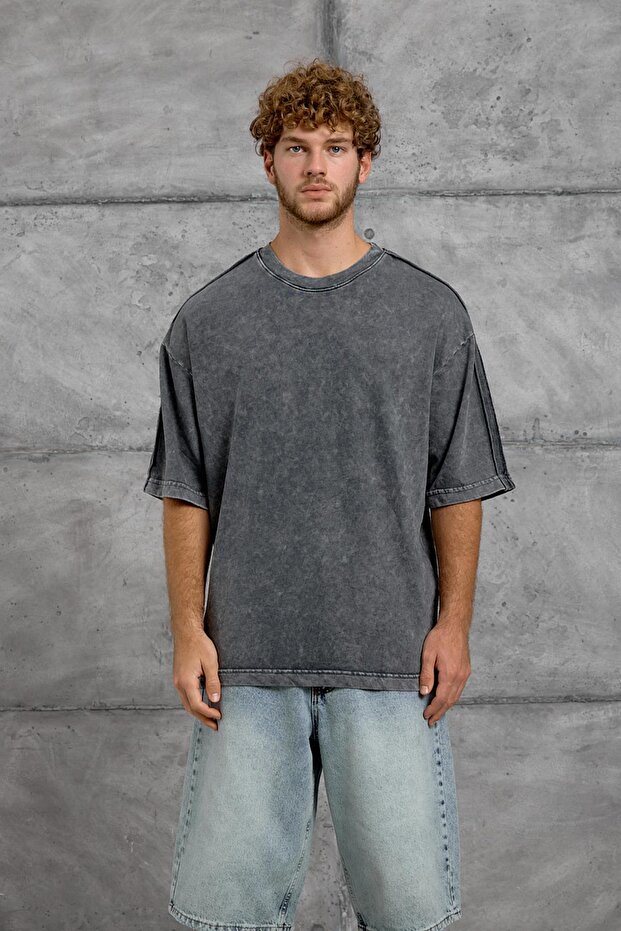 Men's T-Shirt Shoulder Detail Washed Smoked Oversize Crew Neck Cotton